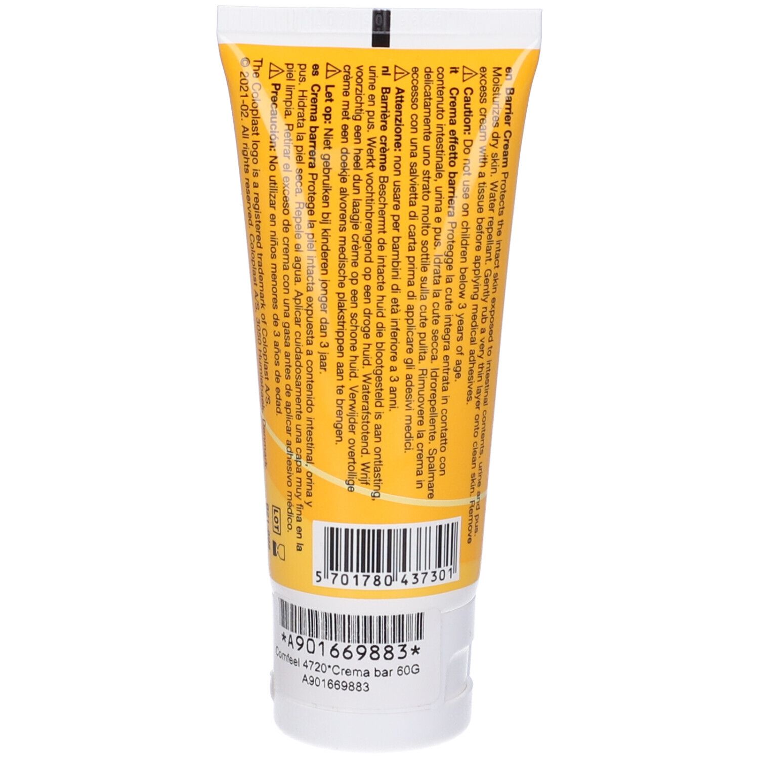 Retro del tubo giallo. Testo: Comfeel Barrier Cream, avvertenze, ingredienti, codice a barre.