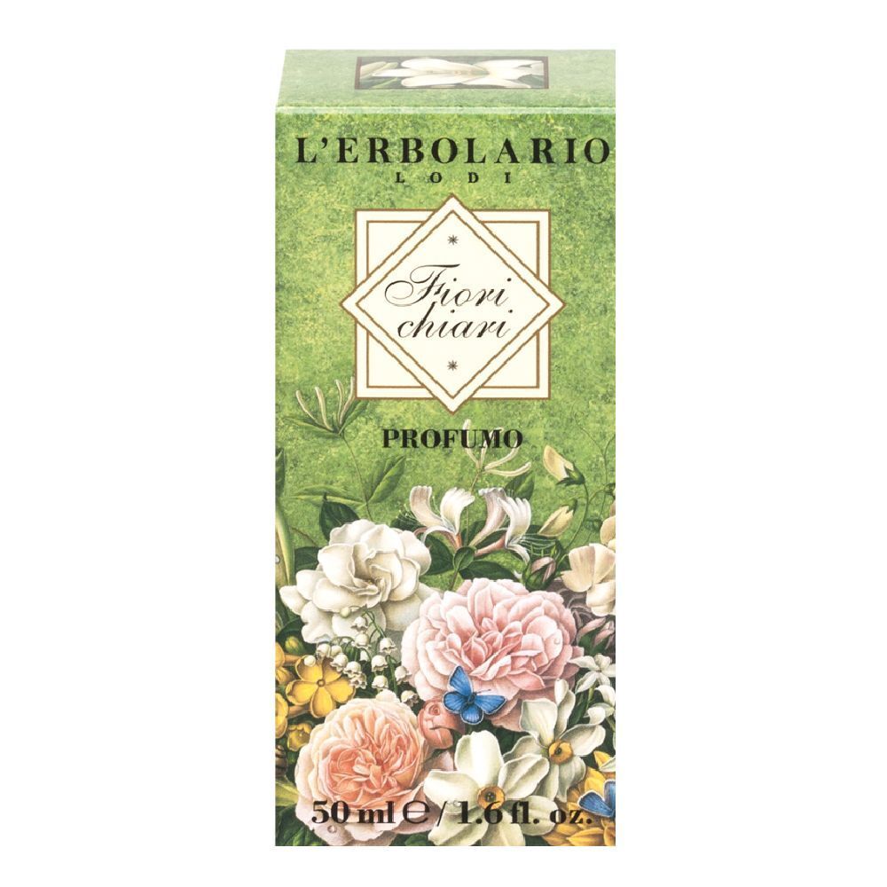 Grüne Schachtel mit Blumenmotiv und Produktnamen. Text: L'Erbolario, Fiori Chiari, Profumo.