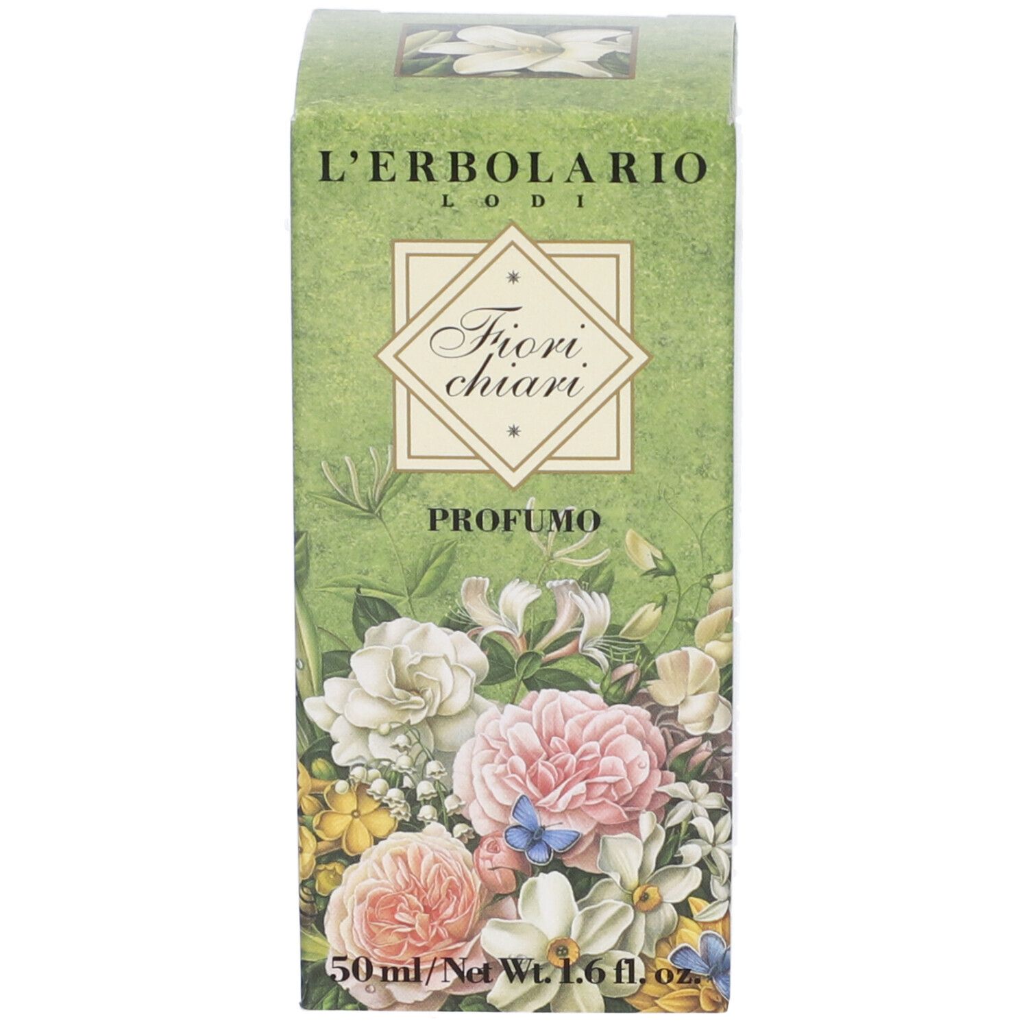 Grüne Schachtel mit Blumenmotiv und Produktnamen. Text: L'Erbolario, Fiori Chiari, Profumo.