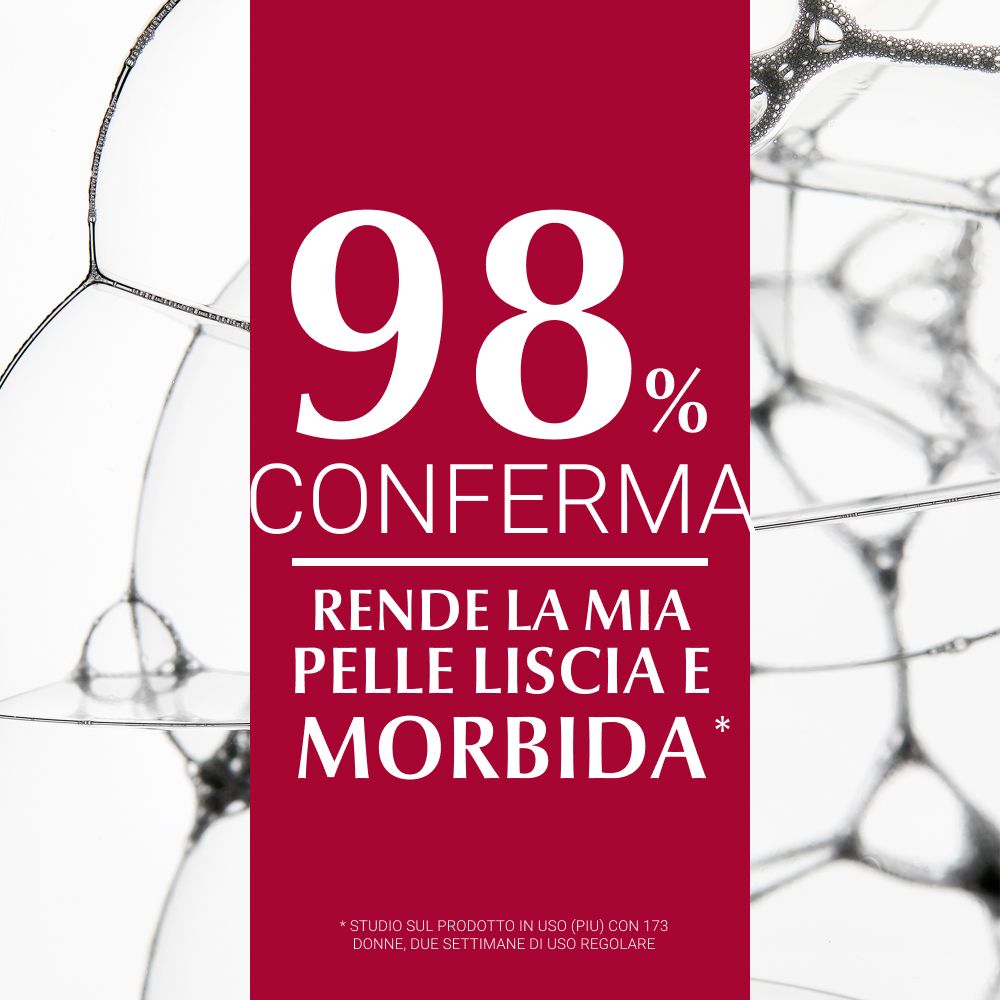 98% confermano: Rende la mia pelle liscia e morbida. Testo su sfondo di bolle di sapone.