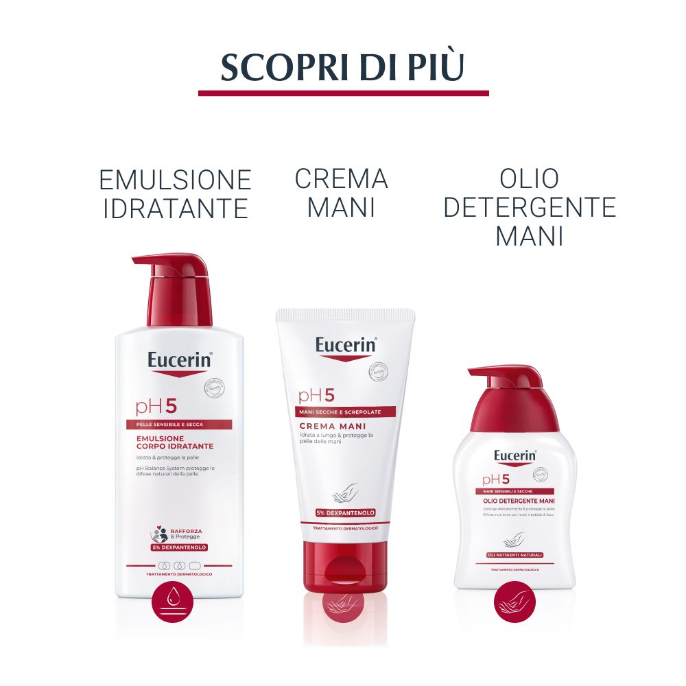 Prodotti Eucerin pH5: Emulsione, crema mani, olio doccia. Tutti con tappo rosso e confezione bianca.