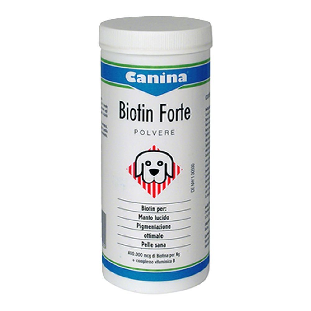 Prodotto cilindrico bianco. Scritta: Canina Biotin Forte Polvere. Logo: cane. Accenti blu e verdi.
