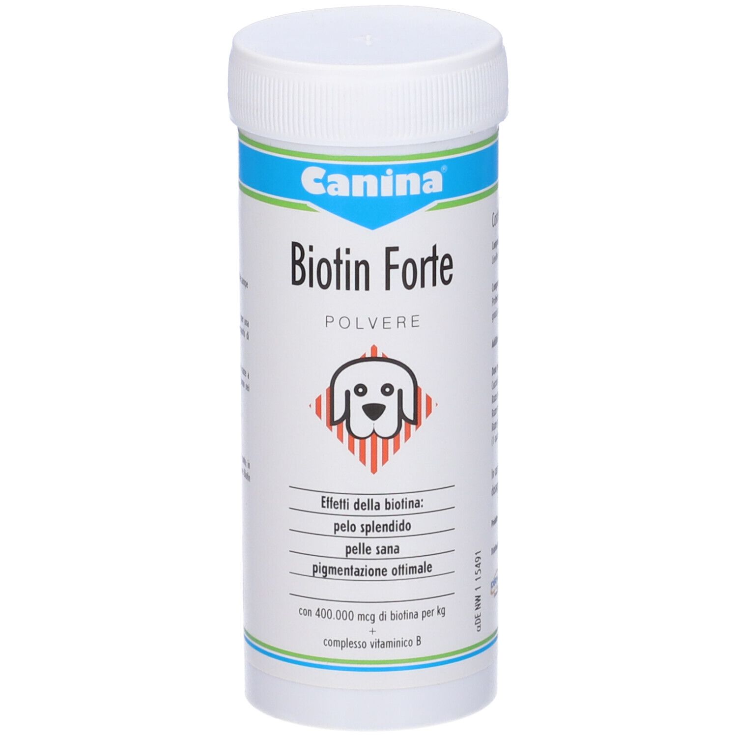 Prodotto cilindrico bianco. Scritta: Canina Biotin Forte Polvere. Logo: cane. Accenti blu e verdi.