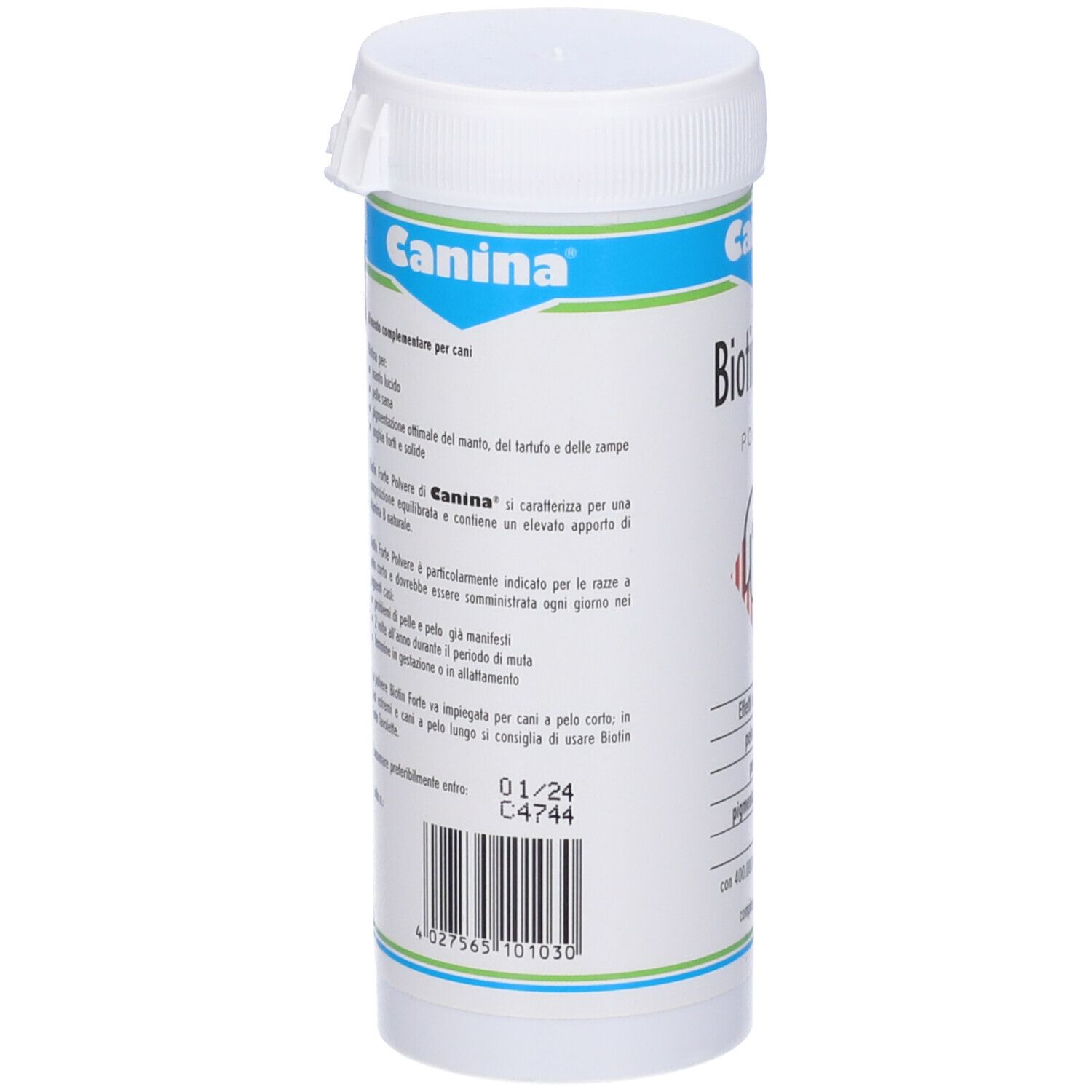 Barattolo cilindrico bianco. Scritta: Canina. Etichetta con testo e codice a barre. Coperchio con chiusura a scatto.