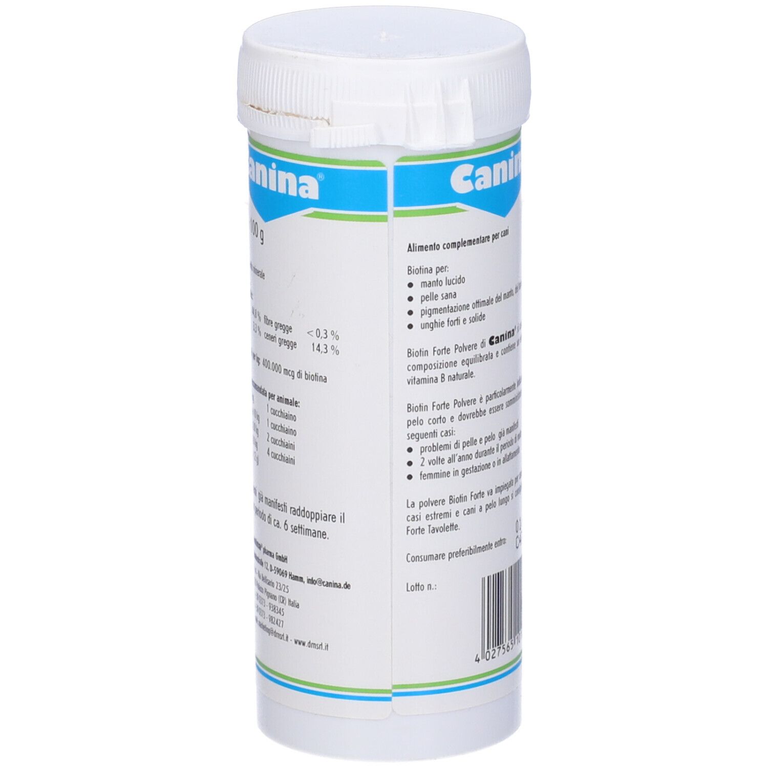 Barattolo cilindrico bianco. Scritta: Canina Biotin Forte. Etichetta con testo. Coperchio con chiusura a scatto.