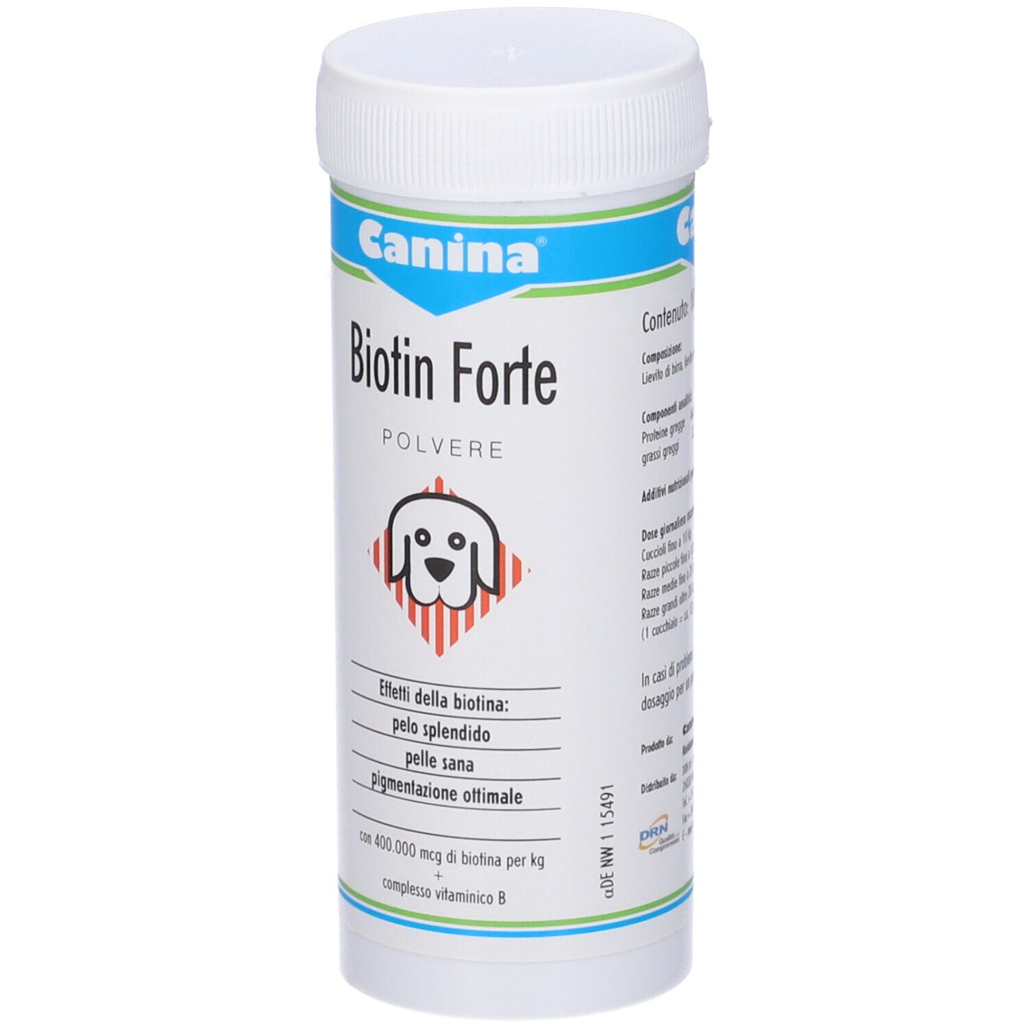 Prodotto cilindrico bianco. Scritta: Canina Biotin Forte Polvere. Logo: cane. Accenti blu e verdi.