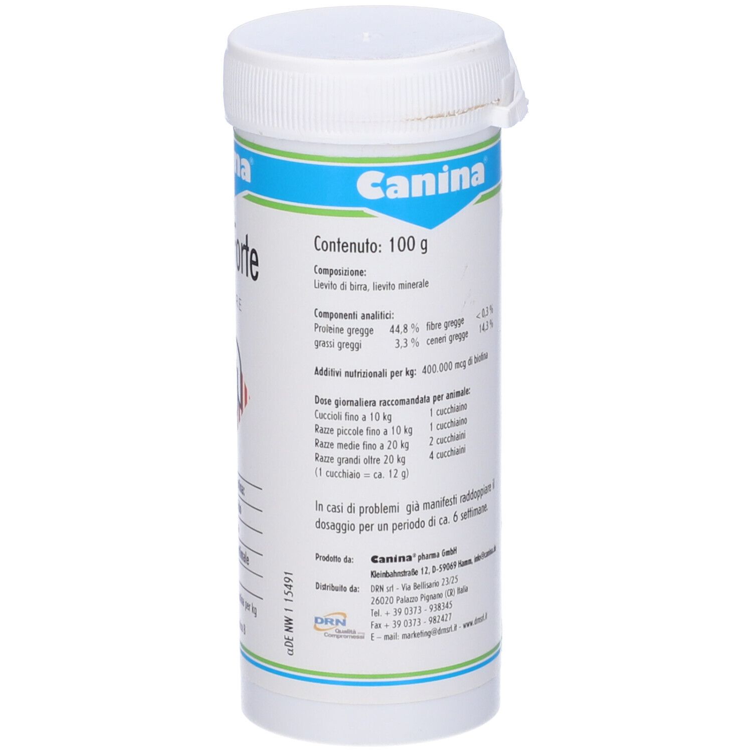 Barattolo cilindrico bianco. Scritta: Canina. Contiene 100 g. Etichetta con ingredienti e dosaggio.
