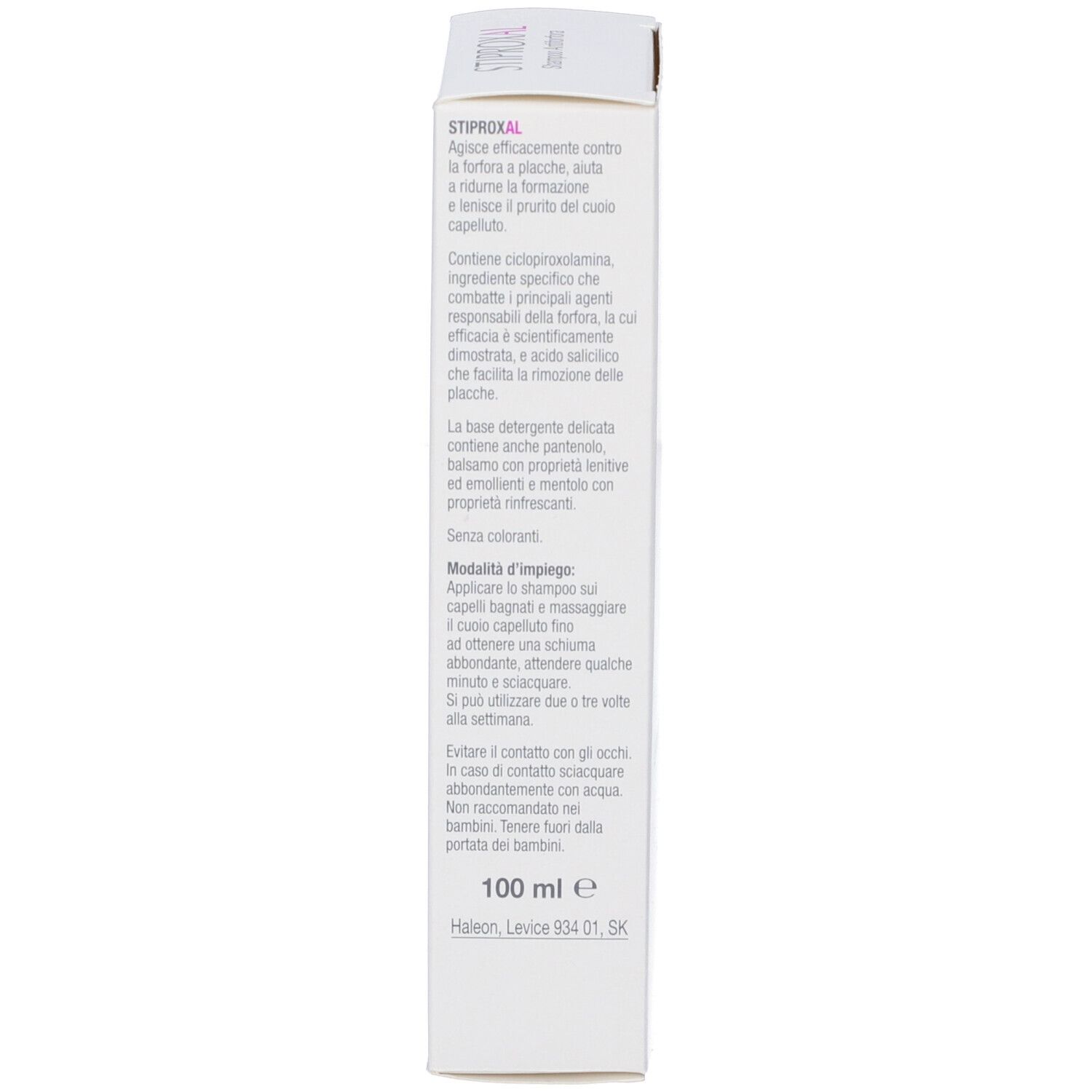Verpackung für Stiproxal Shampoo, 100 ml. Enthält Informationen über Inhaltsstoffe und Anwendung.
