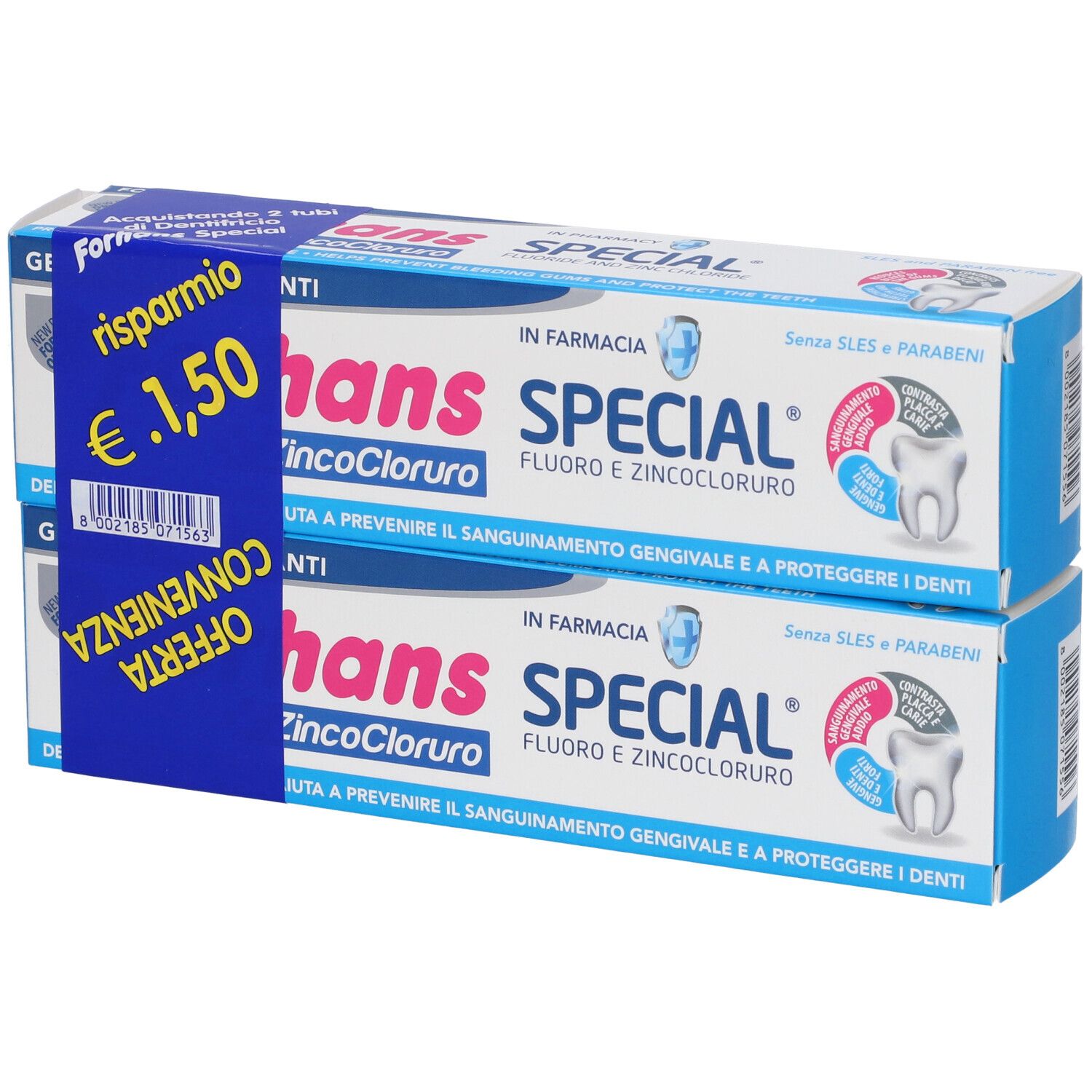 Due confezioni di dentifricio, blu e bianco, con nome del prodotto ed etichetta prezzo.