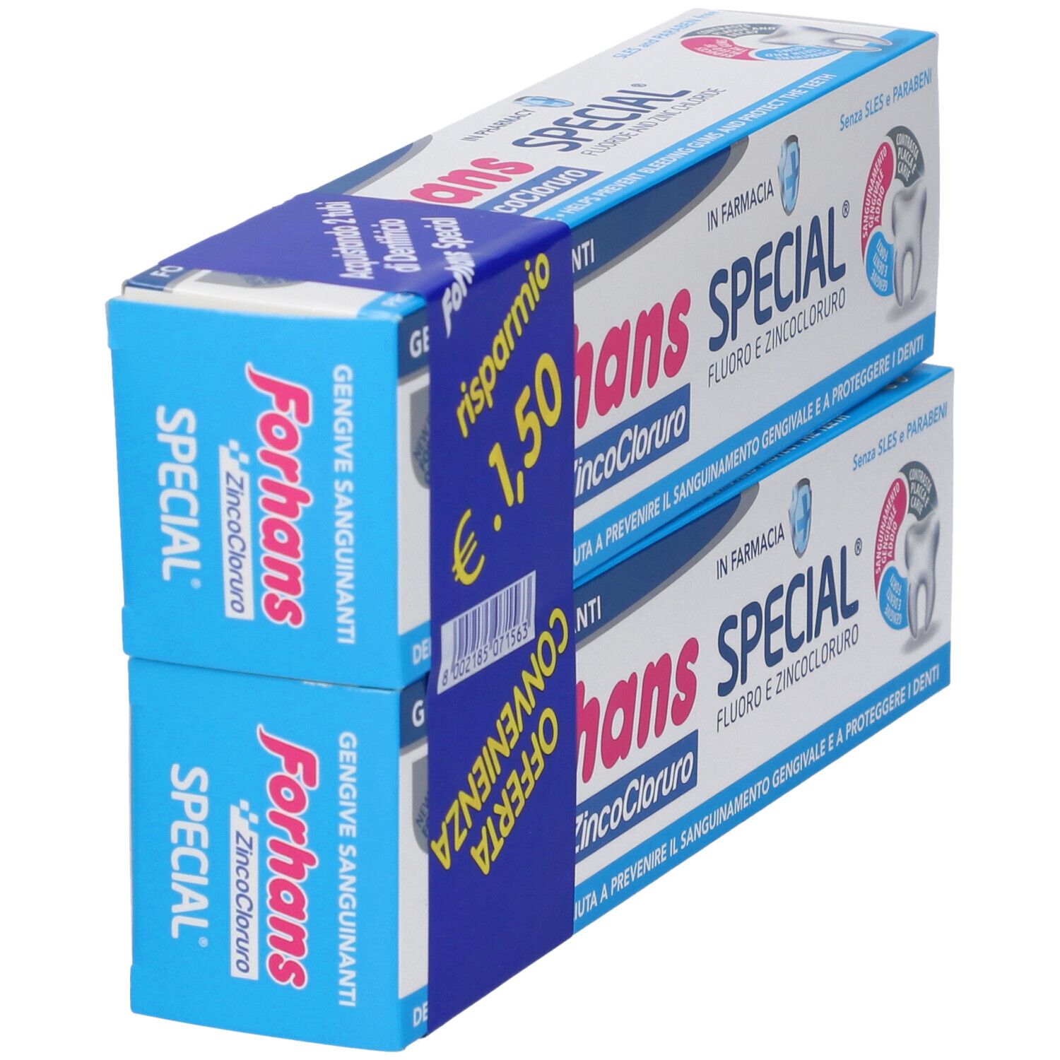 Due confezioni di dentifricio, blu e bianco, con nome del prodotto ed etichetta prezzo.