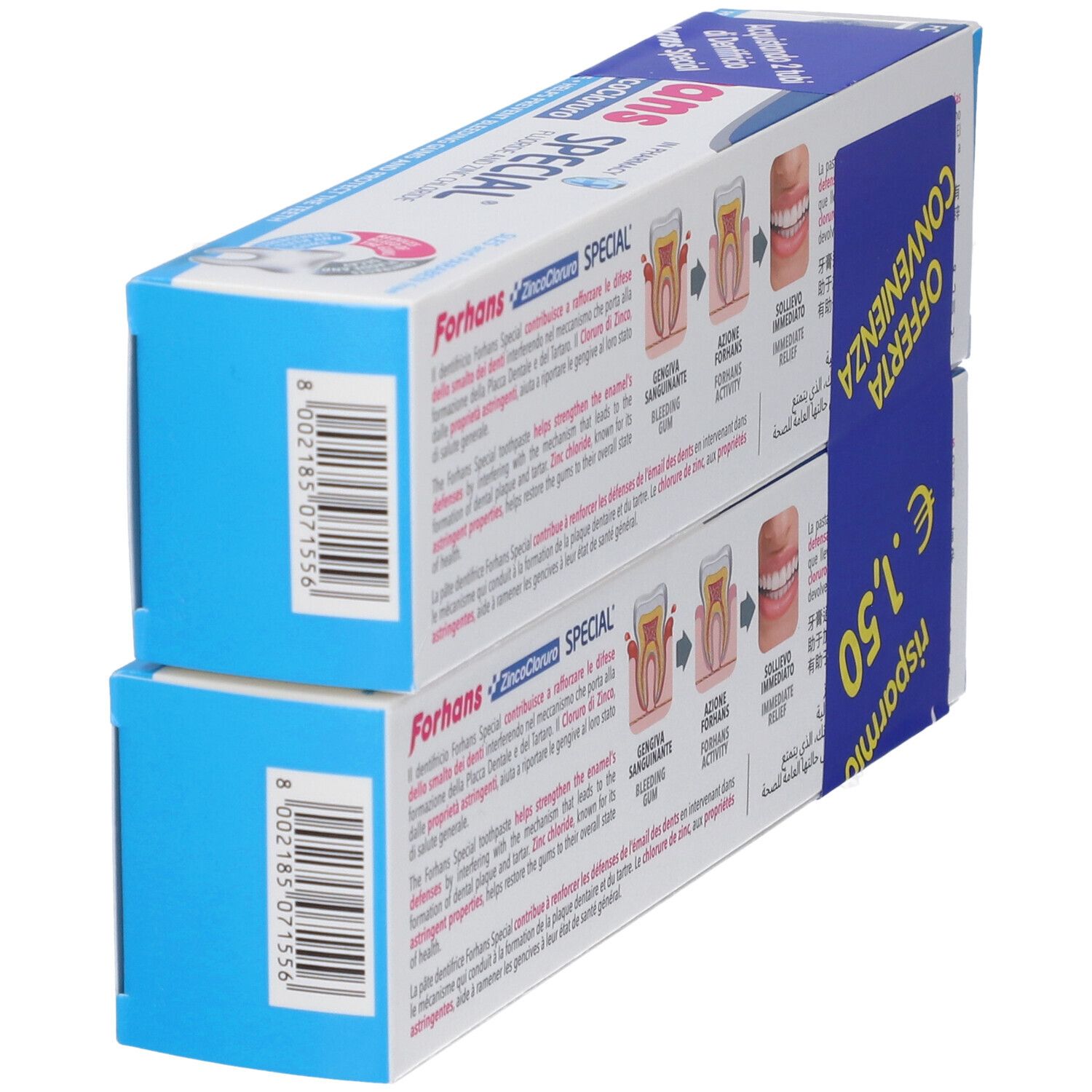 Due confezioni di dentifricio, blu e bianco, con informazioni sul prodotto ed etichetta prezzo.