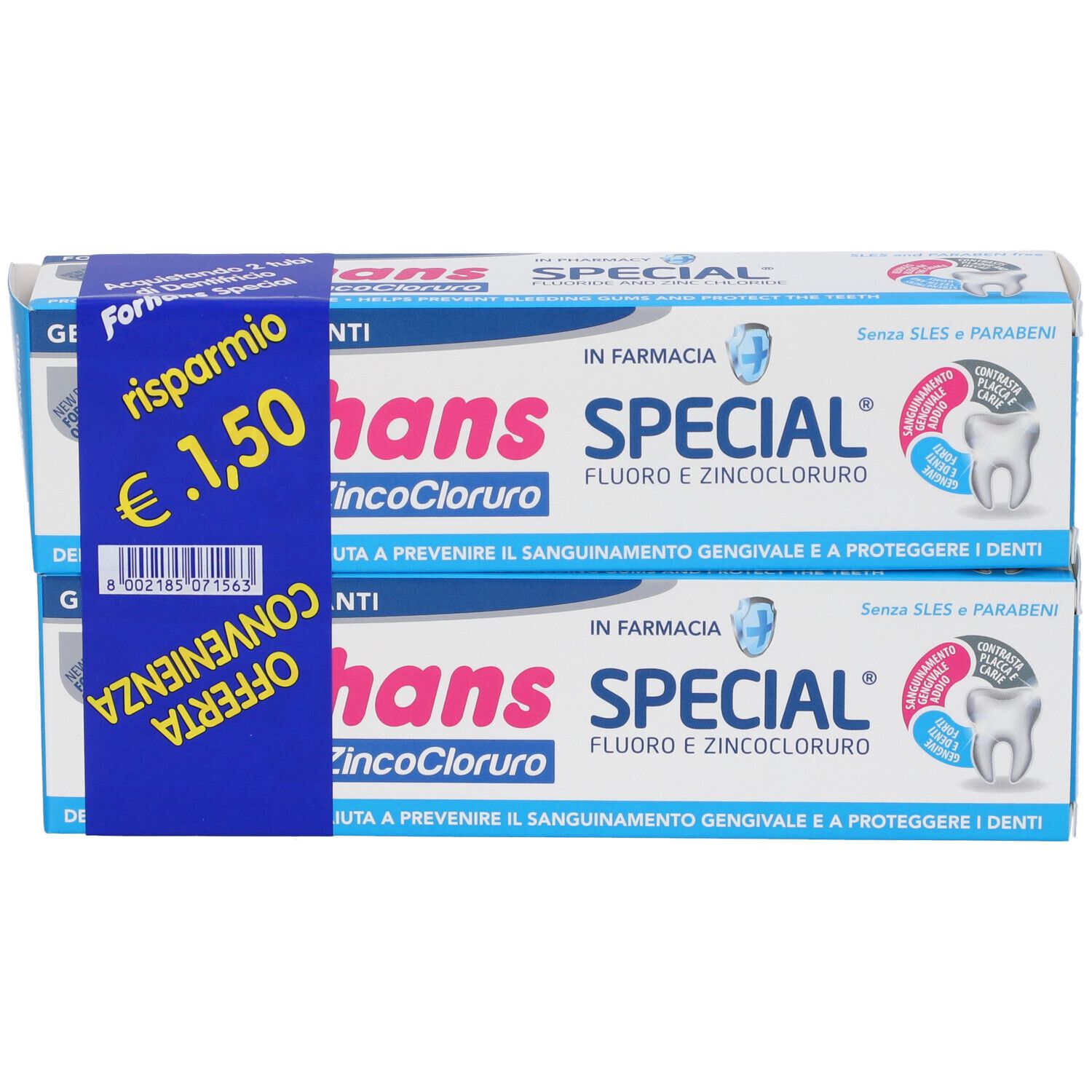 Due confezioni di dentifricio, blu e bianco, con nome del prodotto ed etichetta prezzo.