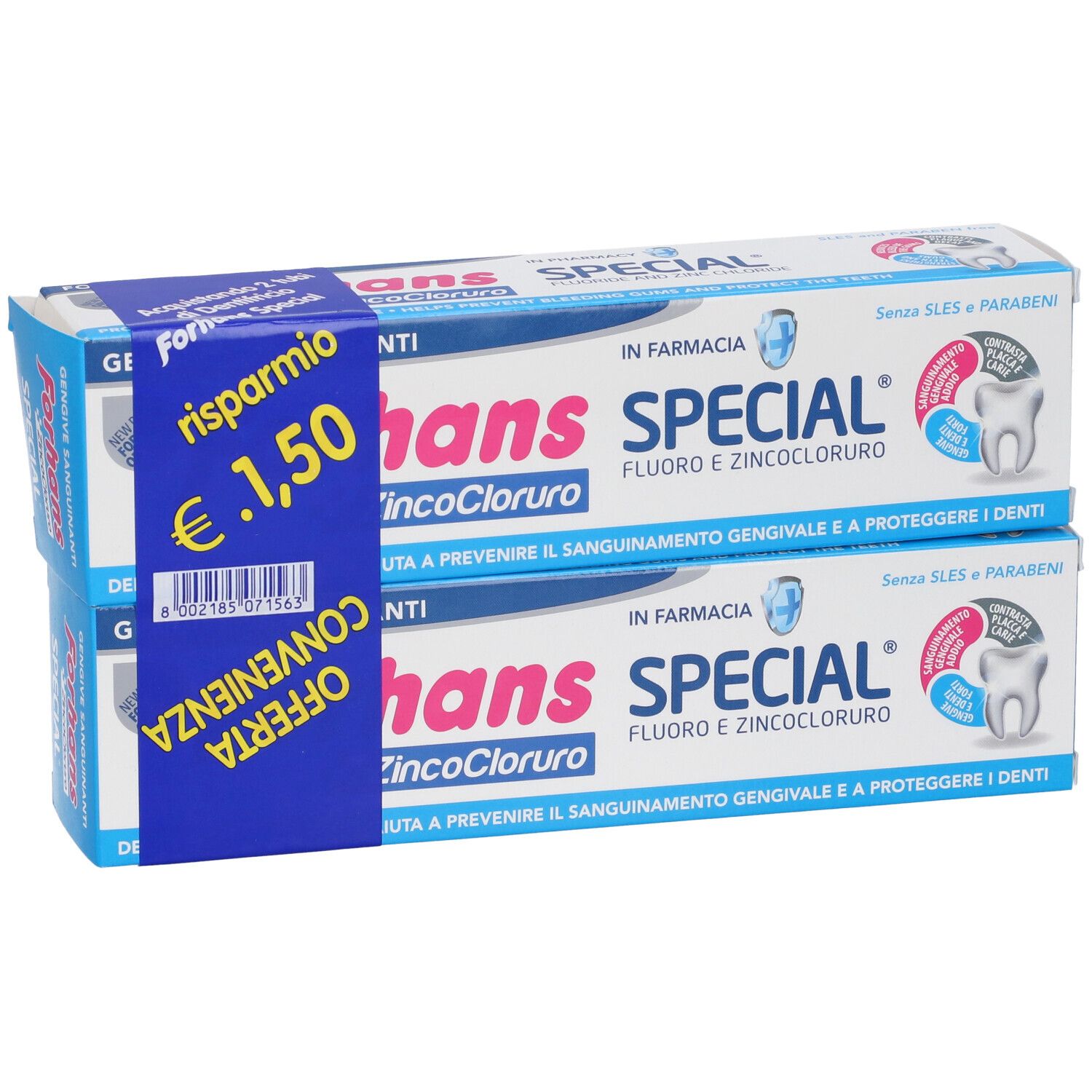 Due confezioni di dentifricio, blu e bianco, con nome del prodotto ed etichetta prezzo.
