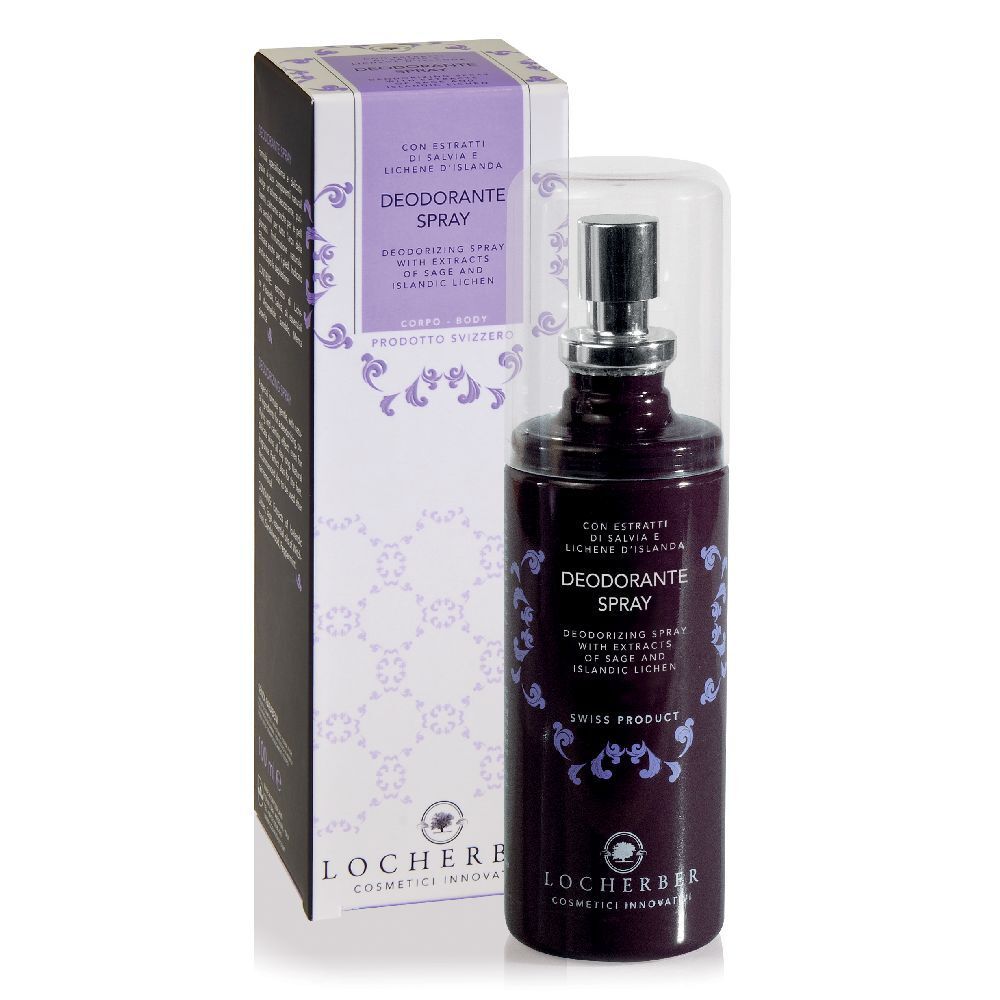 Spray deodorante con confezione. Flacone con vaporizzatore e cappuccio trasparente. Marchio Locherber.