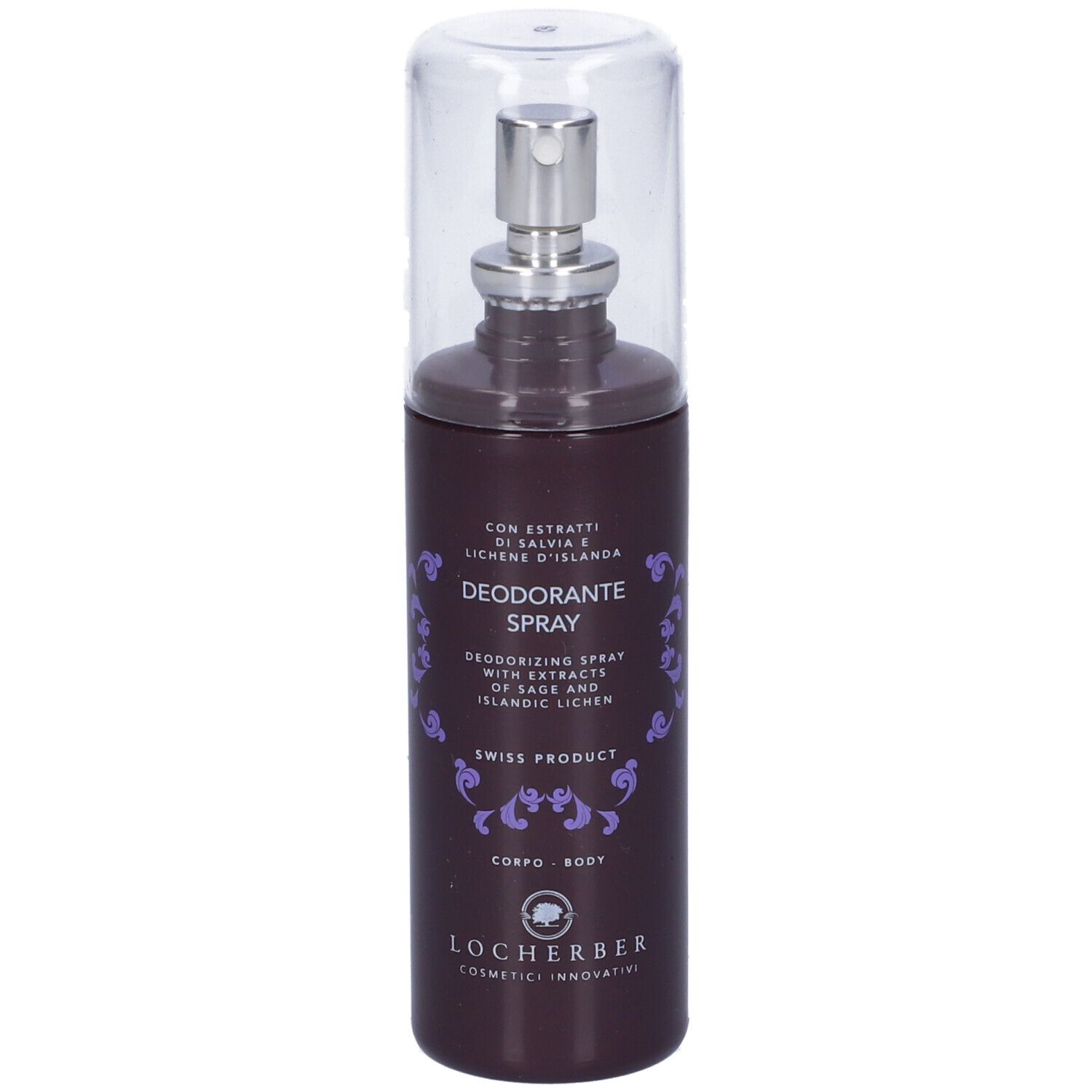 Spray deodorante, flacone marrone con vaporizzatore e cappuccio trasparente. Testo: Deodorante Spray, Swiss Product.