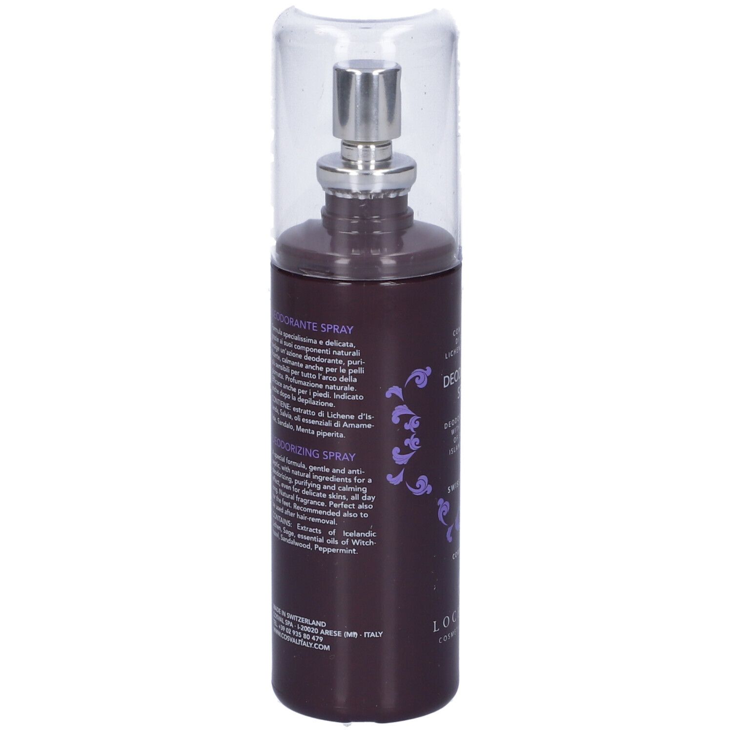 Spray deodorante, flacone marrone con vaporizzatore e cappuccio trasparente. Testo in italiano.