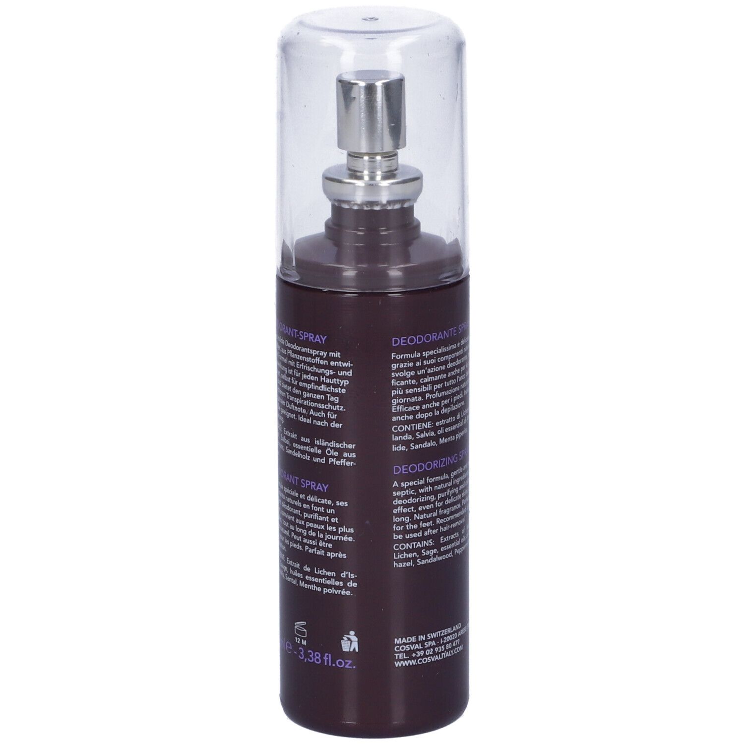 Spray deodorante, flacone marrone con vaporizzatore e cappuccio trasparente. Testo in italiano.