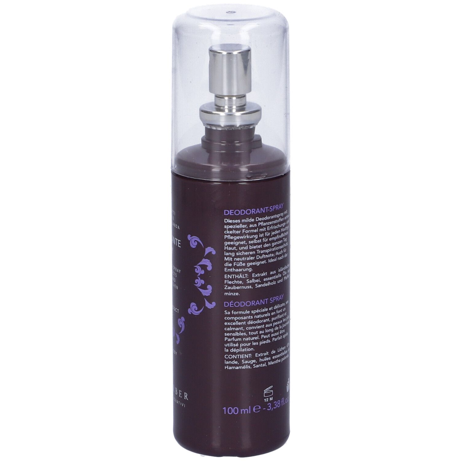 Spray deodorante, flacone marrone con vaporizzatore e cappuccio trasparente. Testo in italiano.