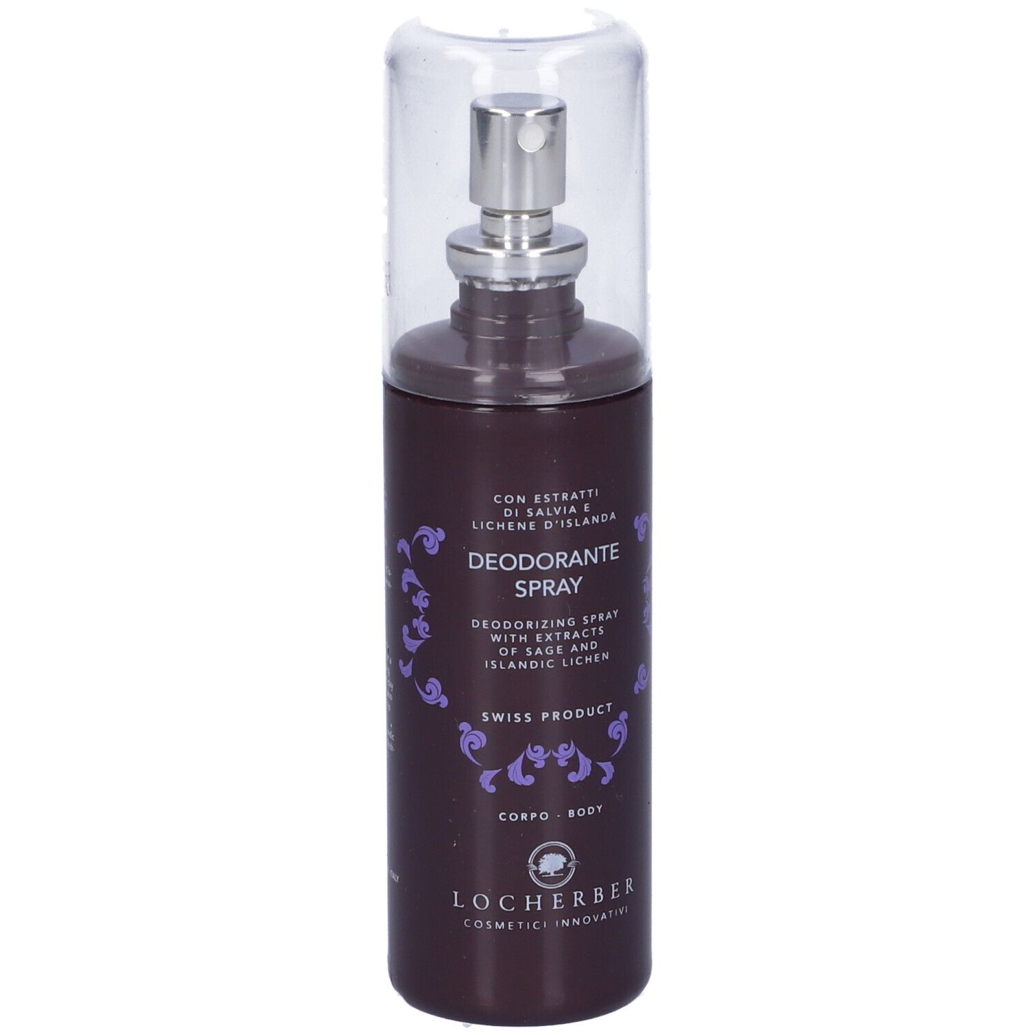 Spray deodorante, flacone marrone con vaporizzatore e cappuccio trasparente. Testo: Deodorante Spray, Swiss Product.