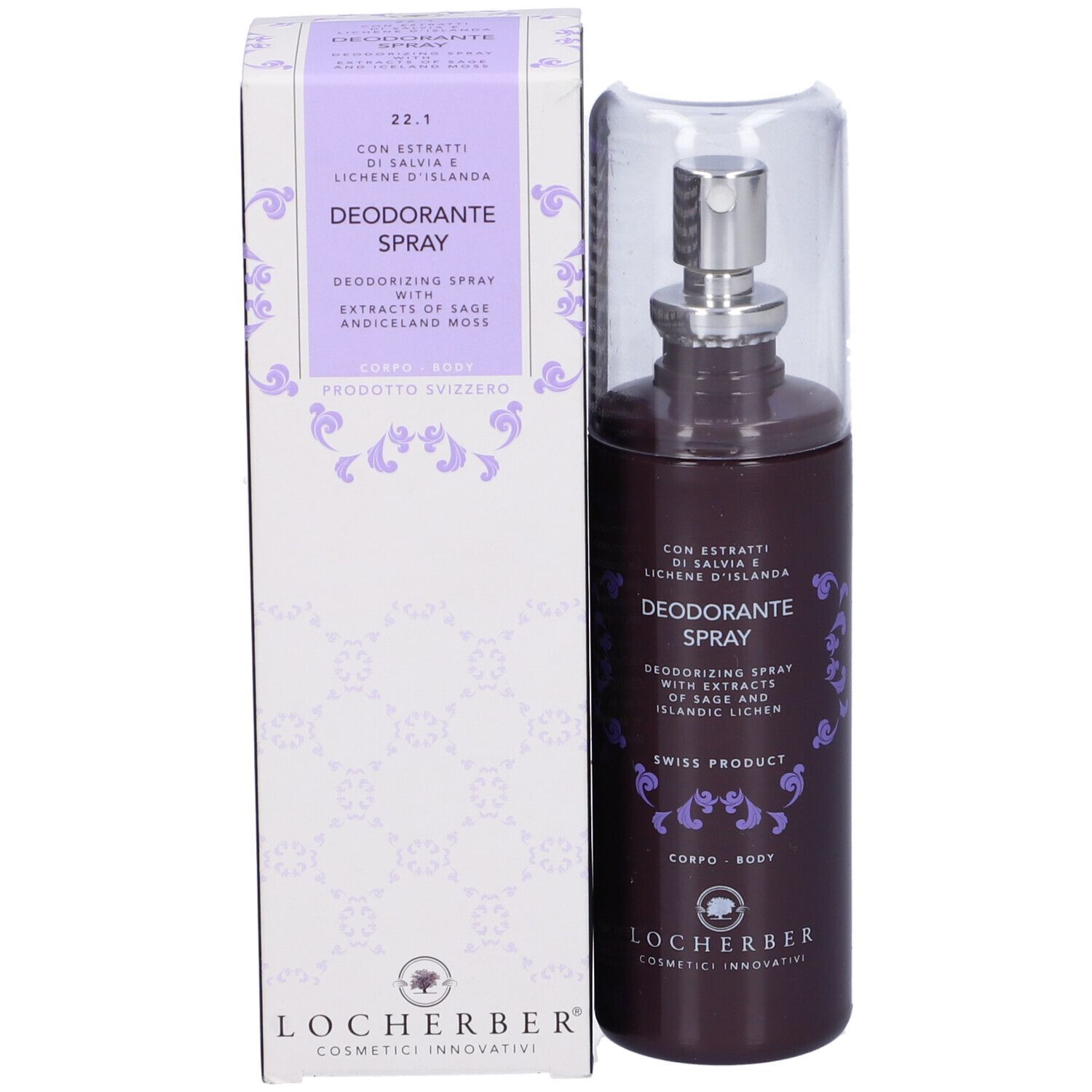 Spray deodorante con confezione. Flacone con vaporizzatore e cappuccio trasparente. Marchio Locherber.