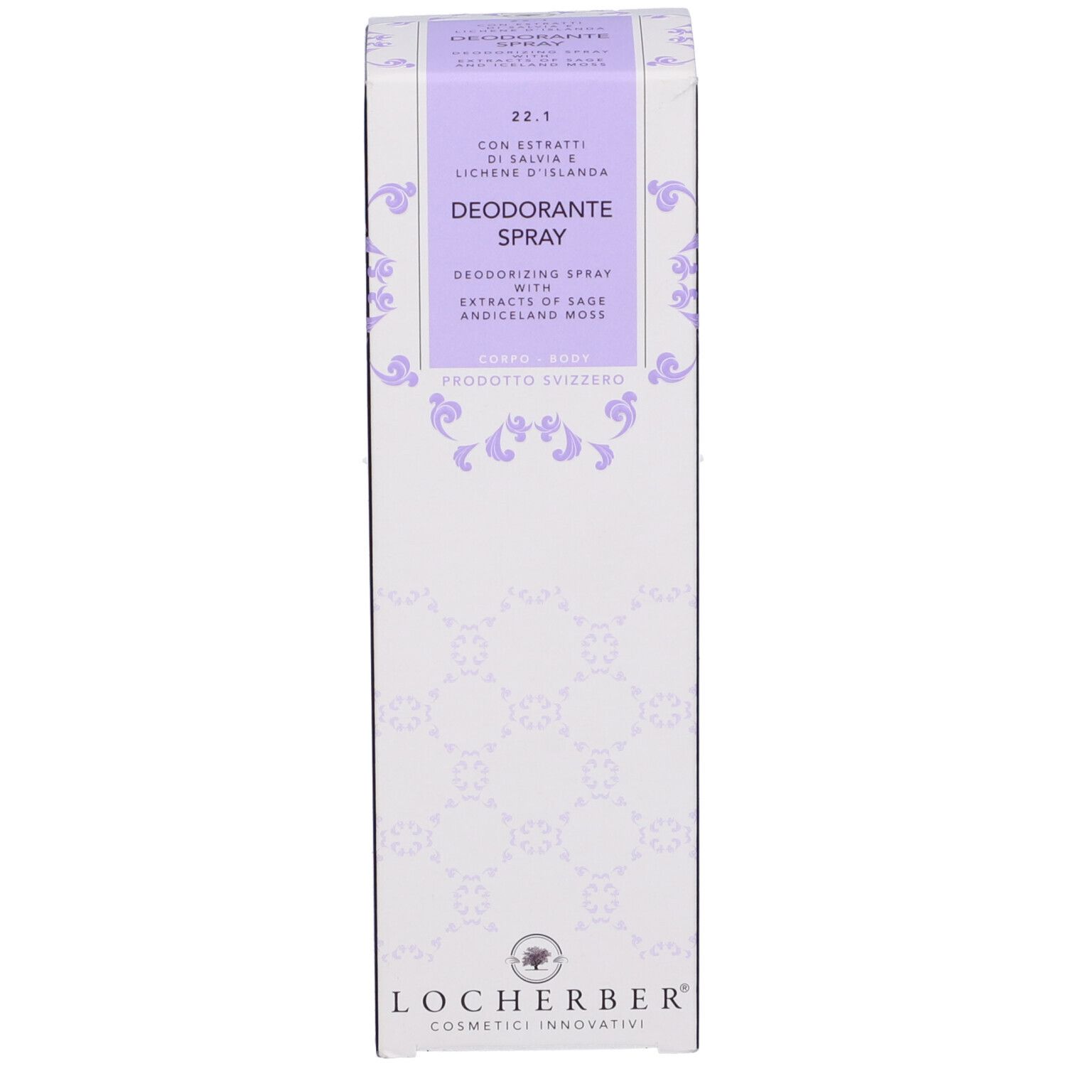 Confezione dello spray deodorante. Testo: Deodorante Spray, Swiss Product. Marchio Locherber.