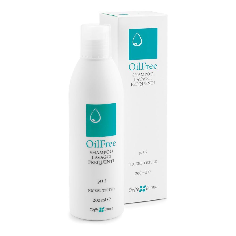 Flacone di shampoo bianco con etichetta turchese. Scritta: OilFree Shampoo Lavaggi Frequenti. Con scatola.