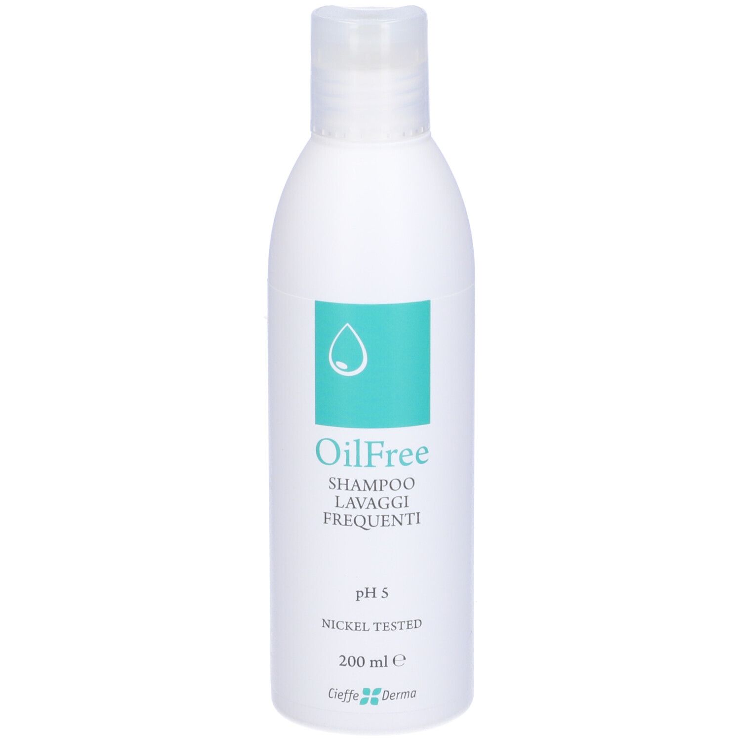Flacone di shampoo bianco con etichetta turchese. Scritta: OilFree Shampoo Lavaggi Frequenti. pH 5, Nickel Tested.