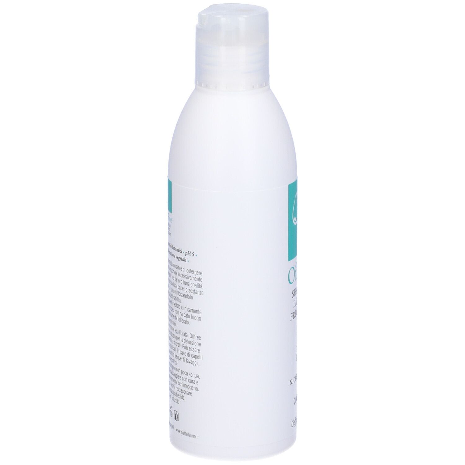 Flacone di shampoo bianco con etichetta turchese. Scritta: OilFree Shampoo Lavaggi Frequenti. Retro con testo.