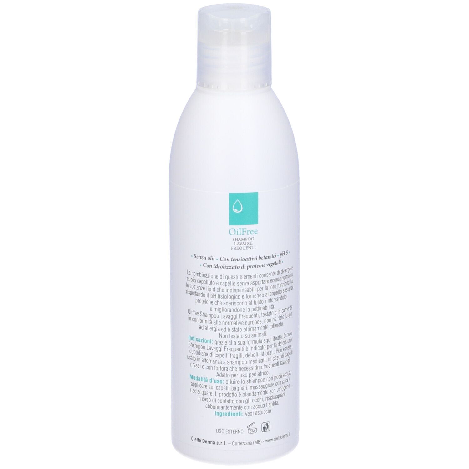 Flacone di shampoo bianco con etichetta turchese. Scritta: OilFree Shampoo Lavaggi Frequenti. Retro con testo.