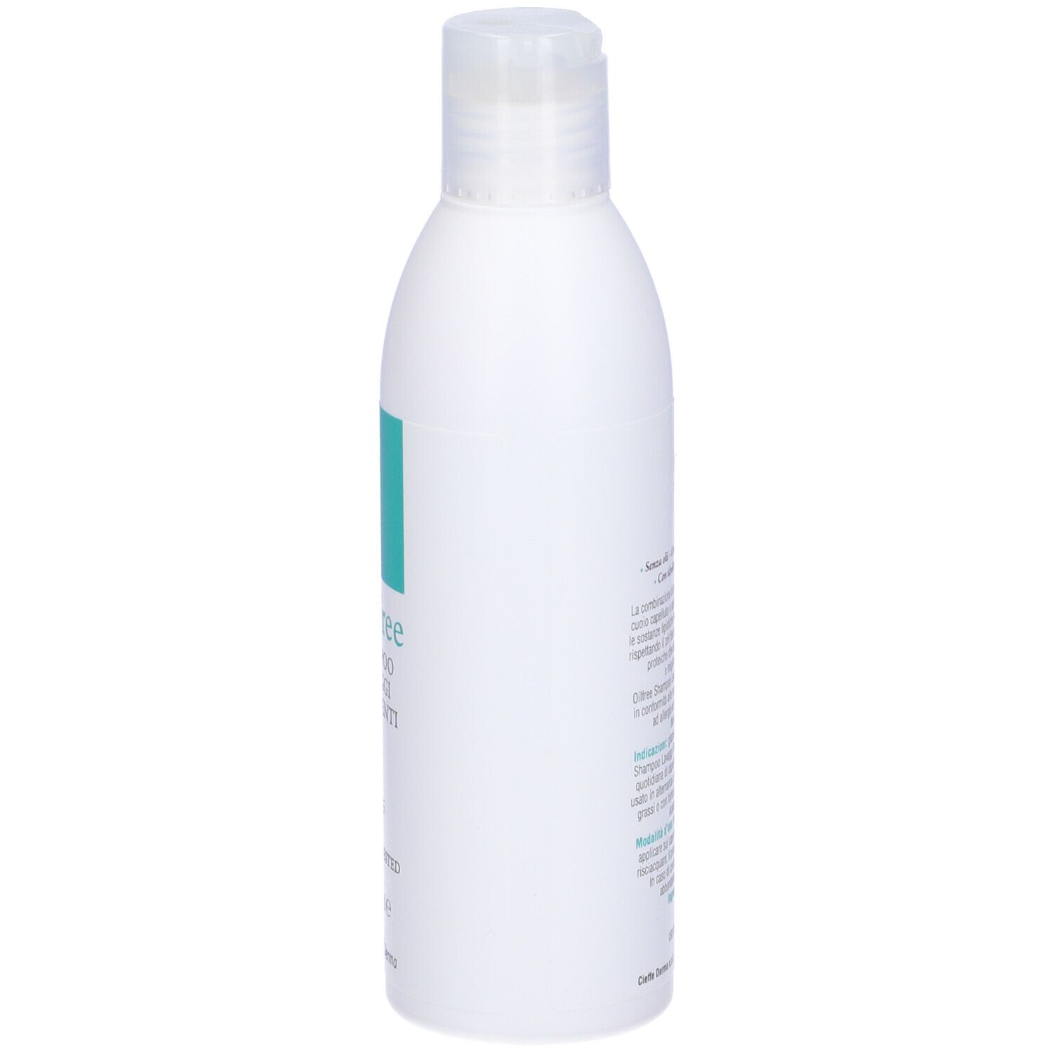 Flacone di shampoo bianco con etichetta turchese. Scritta: OilFree Shampoo Lavaggi Frequenti. Vista laterale.