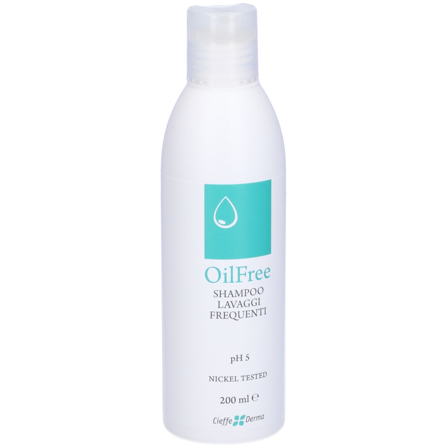 Flacone di shampoo bianco con etichetta turchese. Scritta: OilFree Shampoo Lavaggi Frequenti. pH 5, Nickel Tested.