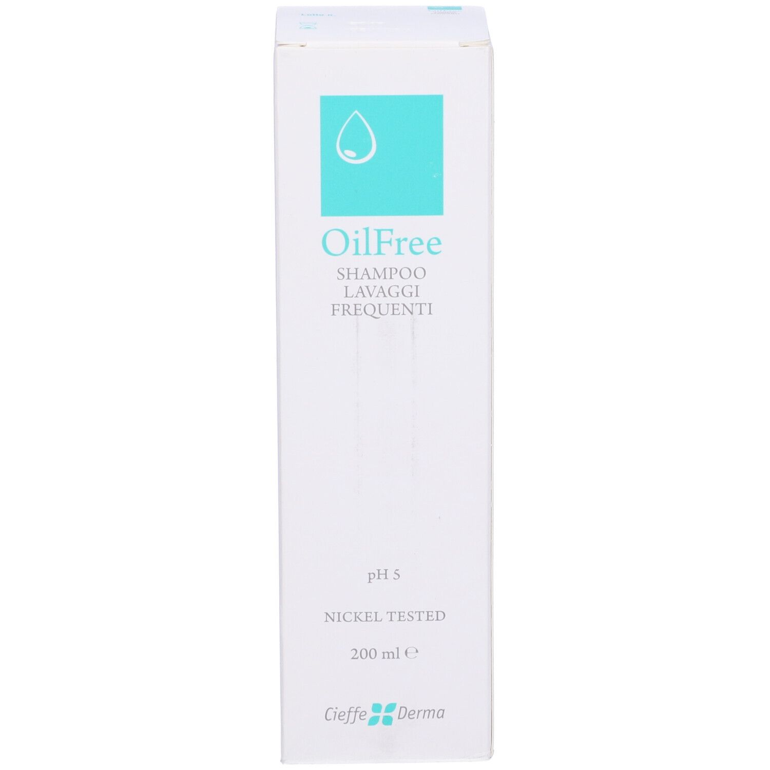 Scatola con etichetta turchese. Scritta: OilFree Shampoo Lavaggi Frequenti. pH 5, Nickel Tested.
