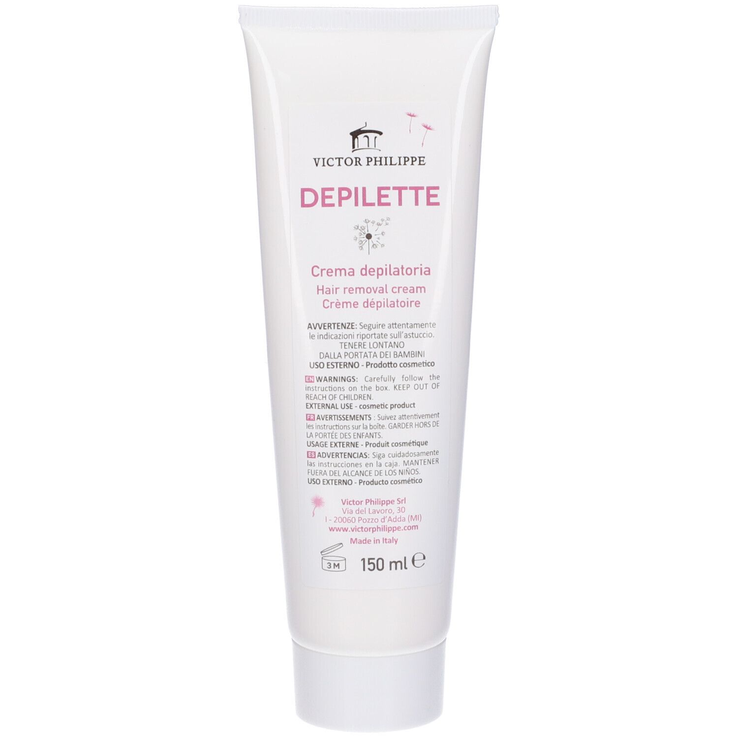 Tubo bianco con testo rosa. Visibili "Depilette" e "Victor Philippe". 150 ml.