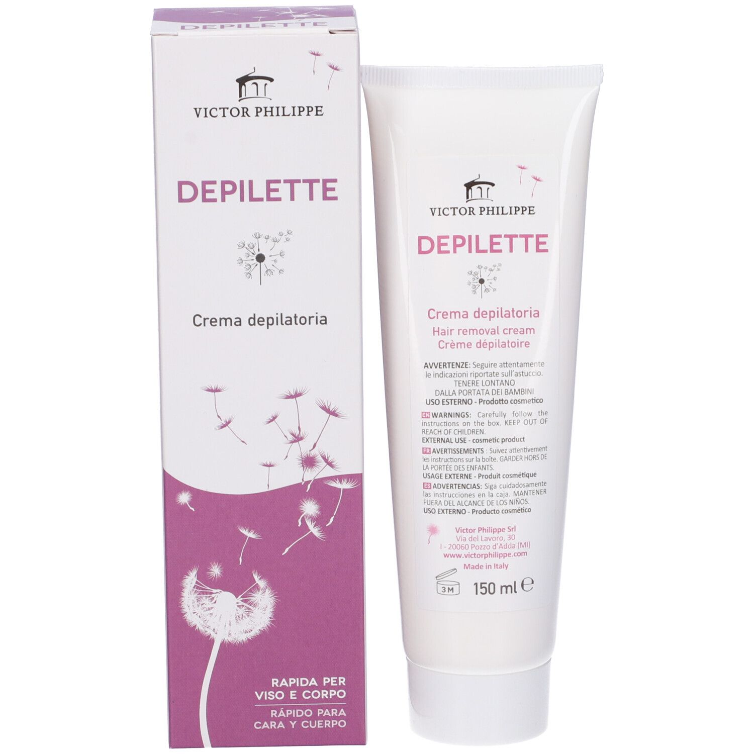 Crema e confezione. Visibili "Depilette" e "Victor Philippe". 150 ml.
