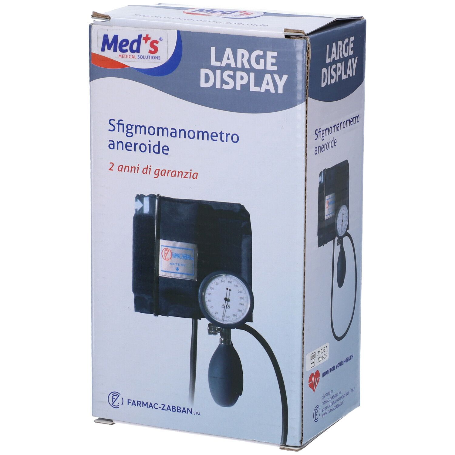 Sfigmomanometro Large Display in confezione. Display, bracciale, pera e manometro visibili. Marchio Med's.