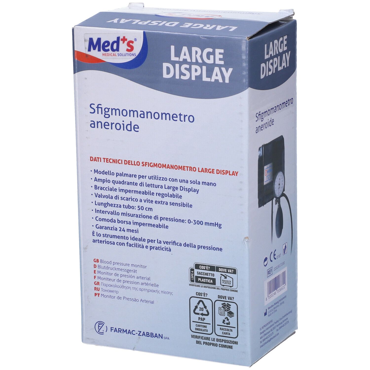 Confezione di Sfigmomanometro Large Display. Dati tecnici e immagine del prodotto. Marchio Med's.