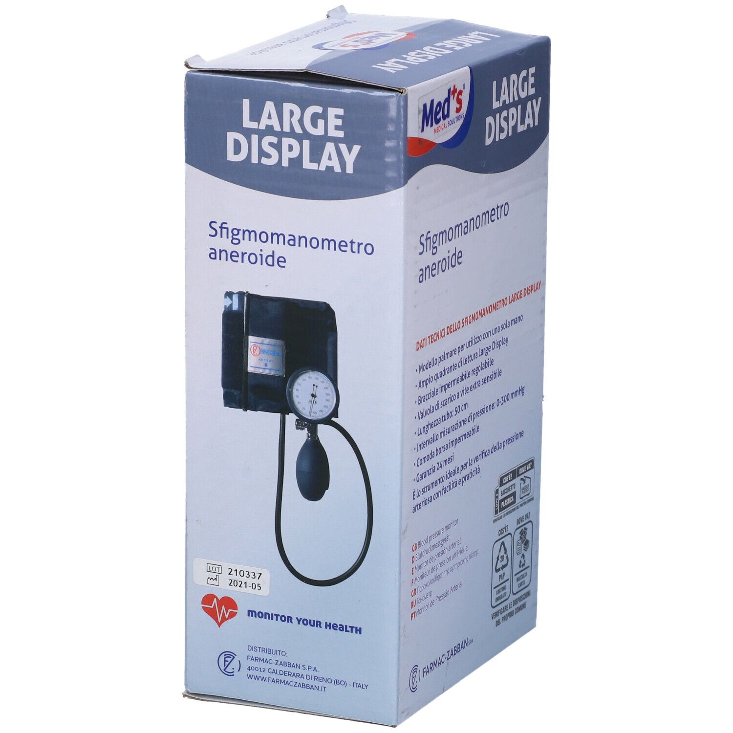 Confezione di Sfigmomanometro Large Display. Immagine del prodotto e dati tecnici. Marchio Med's.