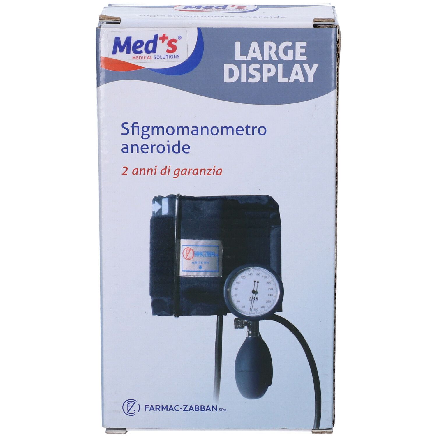 Sfigmomanometro Large Display in confezione. Display, bracciale, pera e manometro visibili. Marchio Med's.