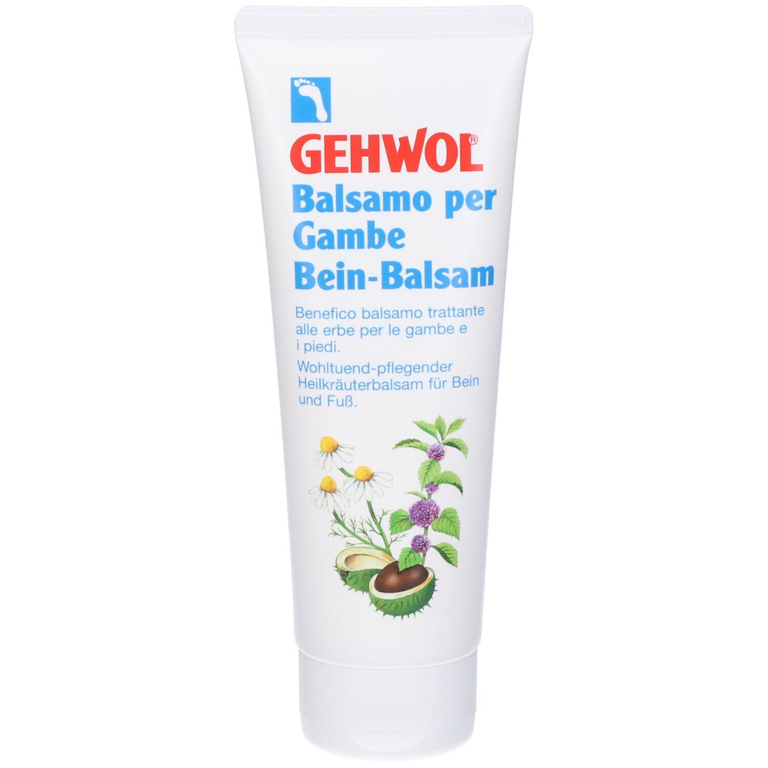 Tubo Gehwol Balsamo per Gambe. Tubo bianco con tappo blu. Nome del prodotto e illustrazioni.