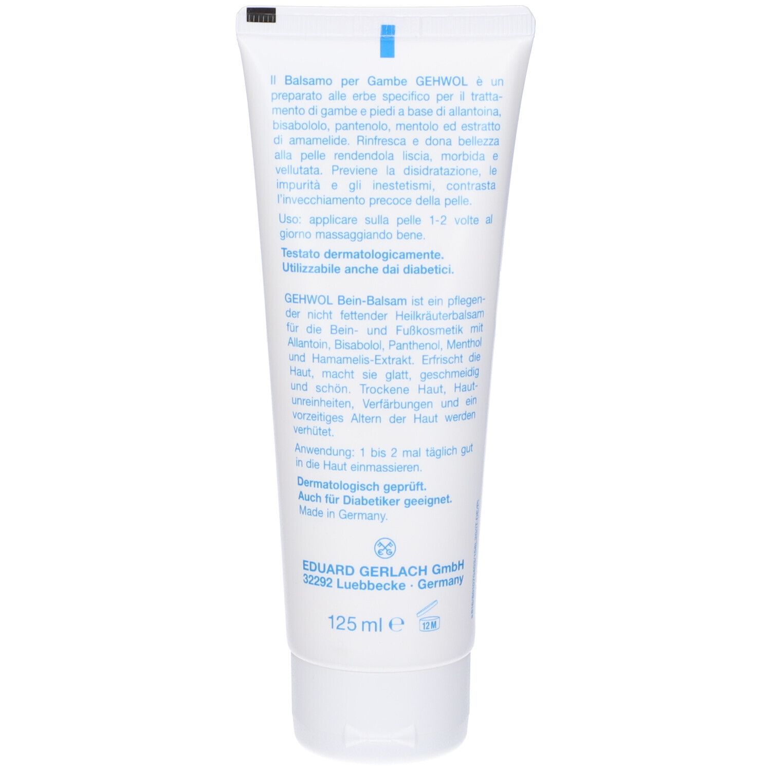 Retro del tubo Gehwol Balsamo per Gambe. Testo in tedesco e italiano. Dermatologicamente testato.