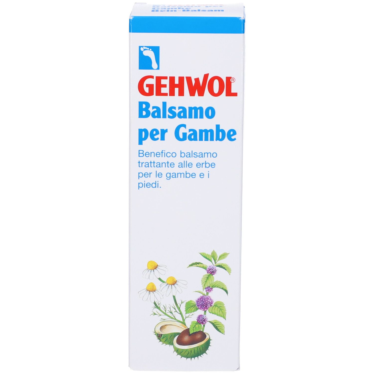 Confezione Gehwol Balsamo per Gambe. Nome del prodotto e illustrazioni. Colori blu e bianco.