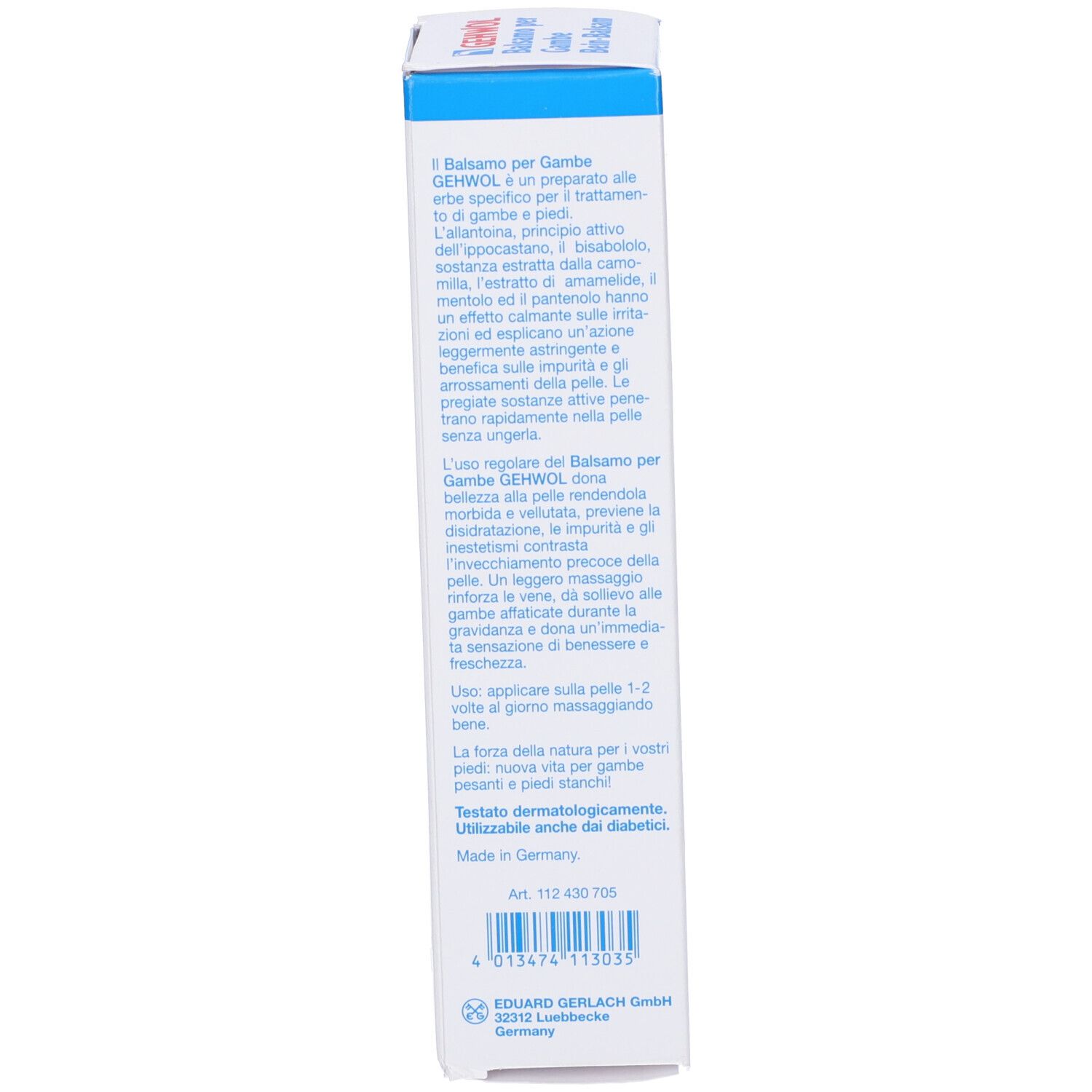 Confezione Gehwol Balsamo per Gambe. Testo in tedesco e italiano. Dermatologicamente testato.
