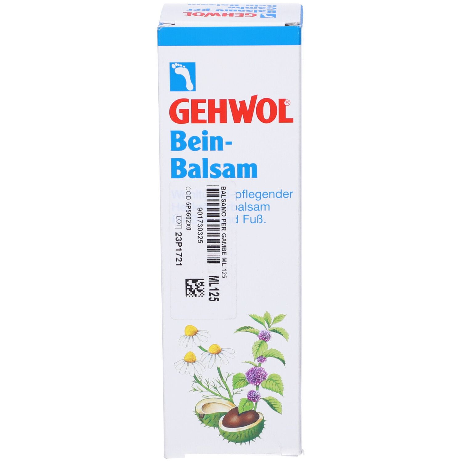 Confezione Gehwol Bein-Balsam. Nome del prodotto e informazioni. Codice e numero di lotto.