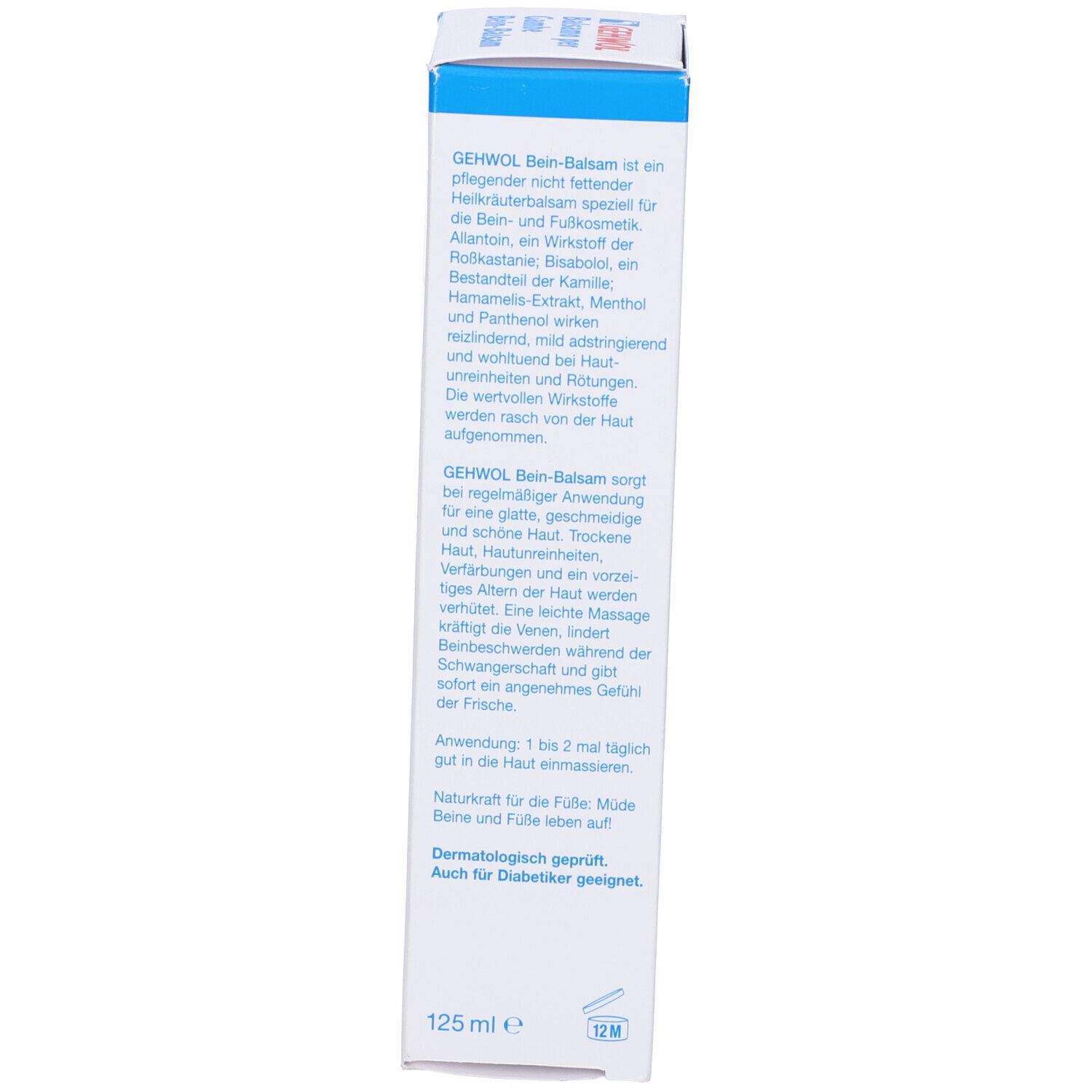 Confezione Gehwol Bein-Balsam. Testo in tedesco. Dermatologicamente testato. 125 ml.