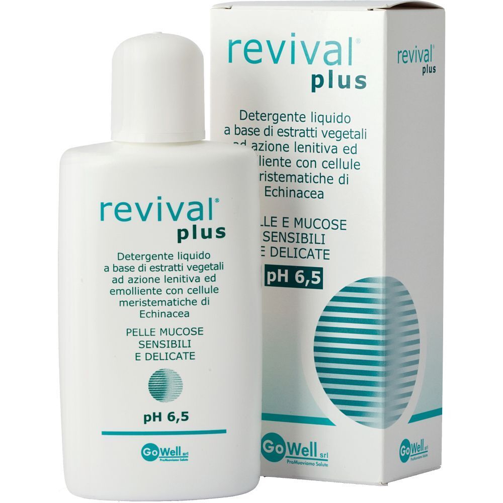 Flacone e confezione bianchi. Scritta: revival plus, pH 6,5. Prodotto per pelli sensibili.