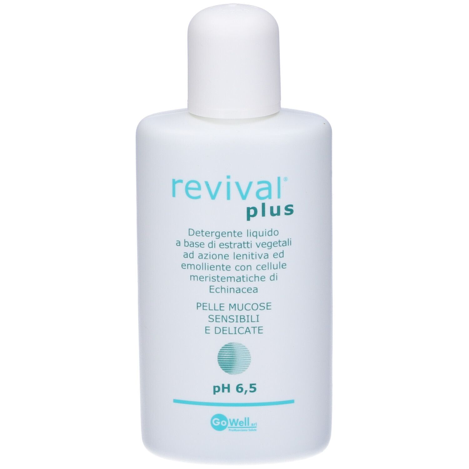 Flacone bianco con tappo bianco. Scritta: revival plus, pH 6,5. Prodotto per pelli sensibili.