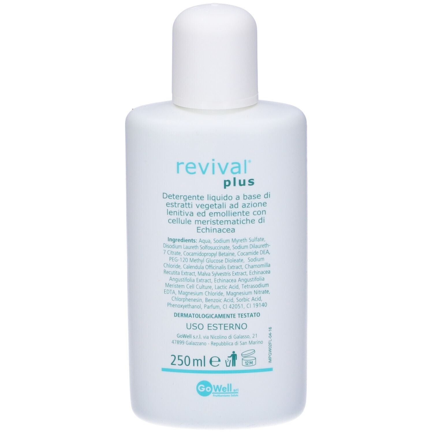 Retro del flacone. Scritta: revival plus, ingredienti, 250ml, dermatologicamente testato.