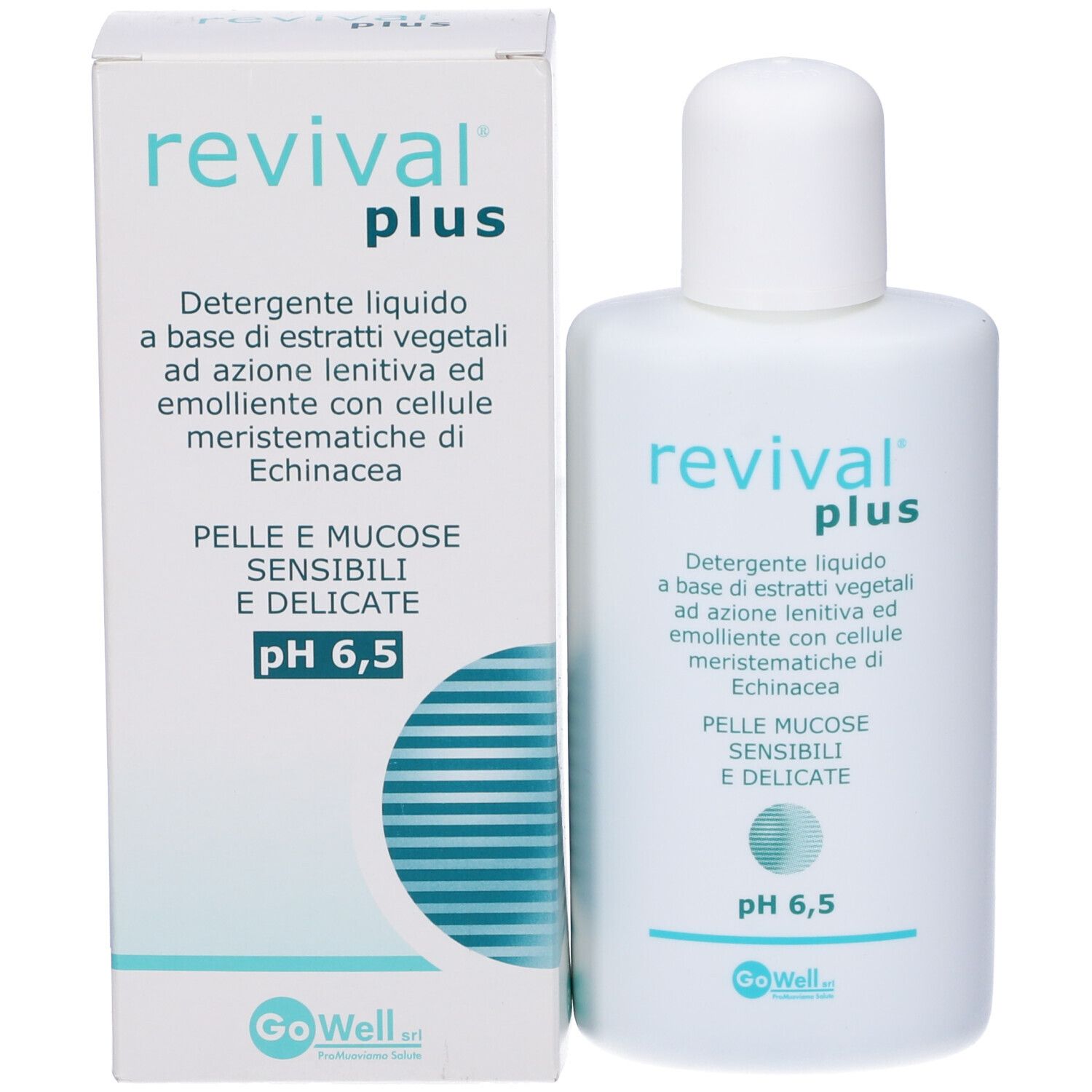Confezione e flacone bianchi. Scritta: revival plus, pH 6,5. Prodotto per pelli sensibili.