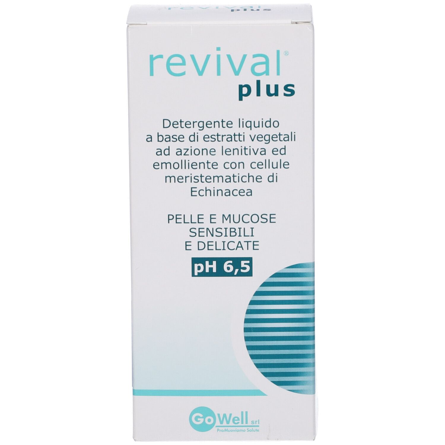 Confezione bianca. Scritta: revival plus, pH 6,5. Prodotto per pelli sensibili.