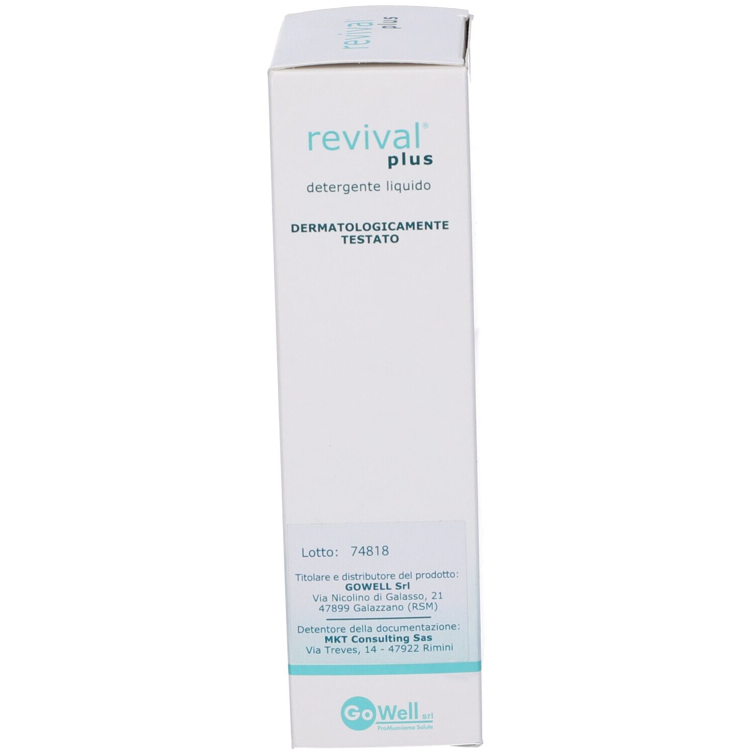 Confezione bianca. Scritta: revival plus, dermatologicamente testato. Dettagli di produzione.